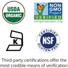 USDA Organic, Non-GMO Project Verified, kosher and NSF certified gluten-free logos