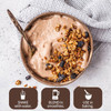 Bowl of chocolate shake with granola and berries, shake, blend or bake icons