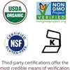 USDA Organic, Non-GMO, NSF gluten-free and kosher logos