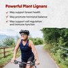 Woman cycling on a country path, powerful plant lignans graphic
