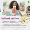 Woman drinking a glass of juice, delicious & nutritious Intestinal Repair graphic