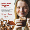 Young woman drinking a chocolate drink, drink your veggies graphic