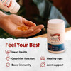 Hand holding softgels beside an Ideal Omega3 bottle, feel your best graphic