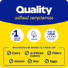 Quality without compromise graphic with vegan and made in USA icons and free-from list
