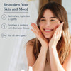 Smiling woman touching her face, Rosewater refreshes, hydrates and uplifts, for all skin types