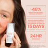 Woman holding Redness Expert, clinical results and 24hr hydration graphic