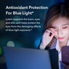 Woman looking at a screen at night, antioxidant protection for blue light graphic