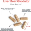 Liver Beef Glandular capsules, 0.94 inch, with sourcing and testing callouts