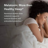 Woman sleeping in white bedding, melatonin more than healthy sleep text panel