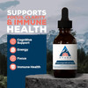 Ashwagandha Drops bottle on a rock, focus, clarity and immune graphic with feature icons