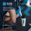 Shaker bottle at the gym, Klean is clean graphic, GMO-free, no wheat, gluten or artificial additives
