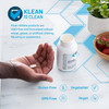 Hand holding a capsule beside a bottle, Klean is clean graphic, GMO-free, no wheat, gluten or artificial additives