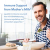Smiling man eating breakfast with lactoferrin immune support message