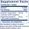 Brain Fog Relief supplement facts, 300 mg Zynamite mango leaf extract and 90 mg peppermint oil