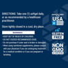 Advanced Curcumin Elite directions, storage and warnings with made in USA, gluten free and non-GMO icons