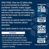 Bone Restore Chewable directions and warnings with made in USA, gluten free, non-GMO and sugar free icons