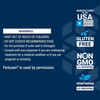 Warnings panel with made in USA, gluten-free, non-GMO and vegetarian badges