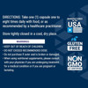 Glucosamine/Chondroitin Capsules directions and warnings with made in USA, gluten free and non-GMO icons