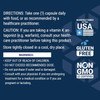 Mega Vitamin K2 directions, caution and warnings with made in USA, gluten free and non-GMO icons