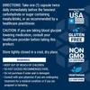 Tri Sugar Shield directions, caution and warnings with made in USA, gluten free and non-GMO icons