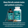 Cod liver oil bottles with a spoon, proprietary purification process graphic