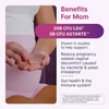 Pregnant woman holding capsules beside benefits for mom text