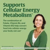 Smiling woman, supports cellular energy metabolism with folate, B6 and B12