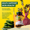 Zinc bottle with spinach and beets, helps support skin health text