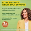 Smiling woman, extra strength whole body support graphic with 2x curcuminoids badge