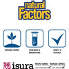 Natural Factors organic farms, research and purity icons with isura non-GMO mass spec seal