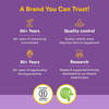 Natural Factors a brand you can trust graphic, 60+ years, quality control, research and B Corp logo