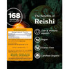 Reishi label with supplement facts, up to 168 servings per 4 oz bottle, vegan, gluten-free and certified organic icons