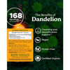 Dandelion 168 servings per 4 oz bottle graphic with supplement facts and icons