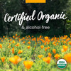 Field of orange calendula flowers, certified organic and alcohol-free graphic with USDA Organic logo