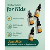 Herbal Allies for Kids graphic with alcohol-free bottles and mix with water callouts