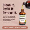 Oil pouring into a Mahanarayan Oil bottle, clean it, refill it, re-use it graphic, 24 oz bottle equals 3 x 8 oz bottles