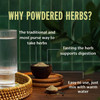 Glass of water and bowl of powder, why powdered herbs graphic