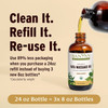 Oil pouring into a bottle, clean it, refill it, re-use it with 24 oz refill graphic