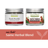 Old and new Tooth Powder jars, new look, same herbal blend
