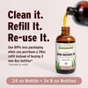 Oil pouring into a Kapha Massage Oil bottle, clean it, refill it, re-use it graphic, 24 oz bottle equals 3 x 8 oz bottles