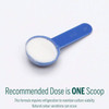 Blue scoop of white powder, recommended dose is one scoop