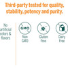 Third-party tested graphic with non-GMO, gluten-free and dairy-free icons