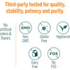 Third-party tested graphic with non-GMO gluten-free vegetarian dairy-free icons