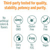 Third-party tested for quality graphic with non-GMO, gluten-free, soy-free, dairy-free and vegan icons