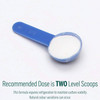 Blue scoop of powder, recommended dose is two level scoops