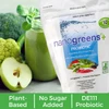 NanoGreens Plus green apple pouch beside smoothie apple and broccoli