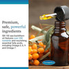 Sea buckthorn berries and dropper bottle, premium, safe, powerful ingredients graphic