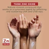 Hands with zinc oxide sunscreen swatches and think zinc explainer text