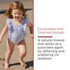 Toddler in a swimsuit on the beach with titanium dioxide mineral text