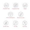 Free-from icons: paraben, fragrance, gluten, oil and dye-free, vegan, noncomedogenic